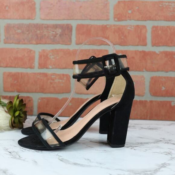 Bershka Black Clear Open Toe Ankle Strap Fashion Strappy Block 3.5" Heel SIZE 38 - Picture 2 of 10